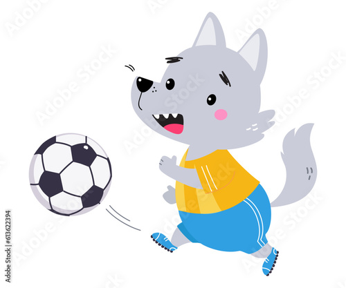 Funny Wolf Animal Character Playing Football Wearing Uniform Passing Ball Vector Illustration © topvectors