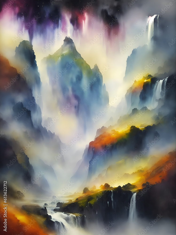 Waterfalls painted lanscape. AI generated illustration