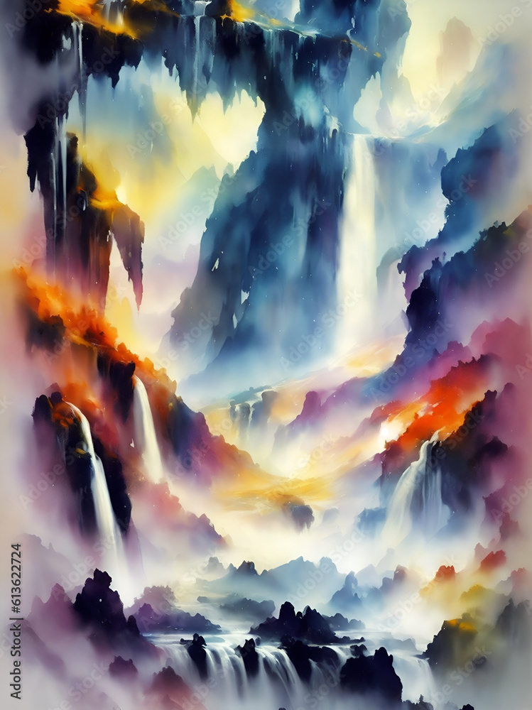 Waterfalls painted lanscape. AI generated illustration