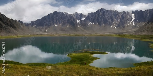 A picture of a small lake surrounded by small lakes  and one of four mountains in the background.