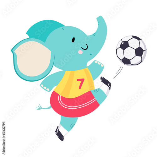 Funny Elephant Animal Character Playing Football Wearing Uniform Passing Ball Vector Illustration