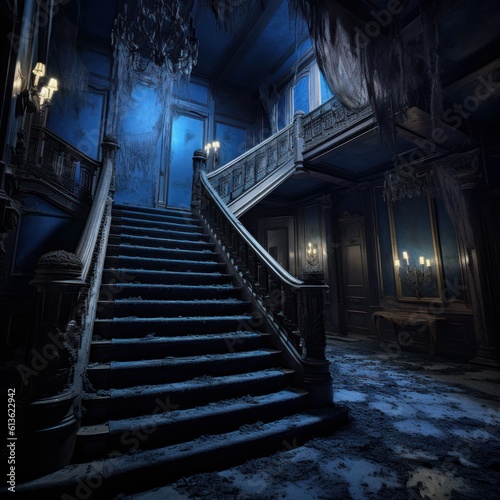 stairs in an enchanted mansion with blue tones