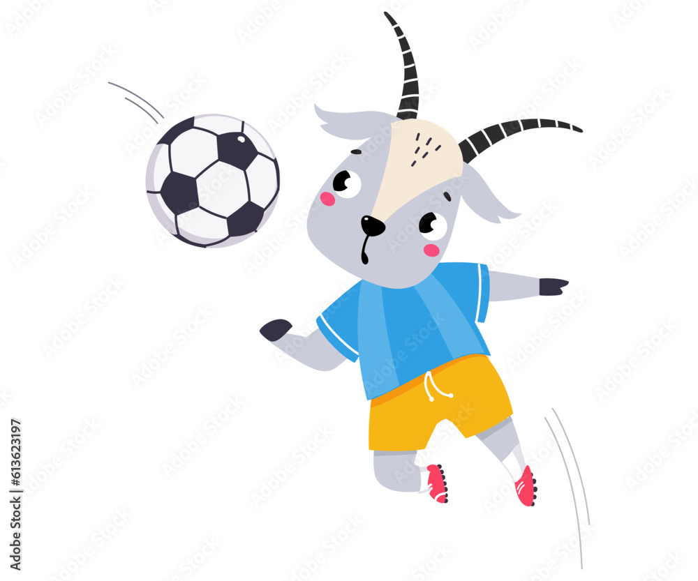 Funny Goat Animal Character Playing Football Wearing Uniform Passing Ball Vector Illustration