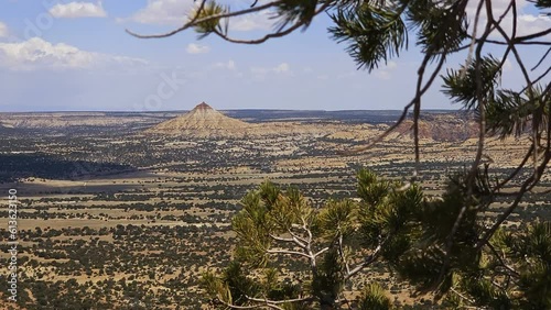 The Wickiup conical tower in the desert of San Rafael Swell framed by pine boughs. The rock is believed to be Archean in age, over 2.2 billion years old., some of the oldest on earth