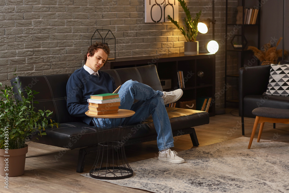 Young man reading book on sofa at home late in evening Young man reading book on sofa at home late in evening