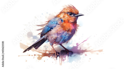 Little bird with orange head, colorful watercolor style © Tangible Divinity