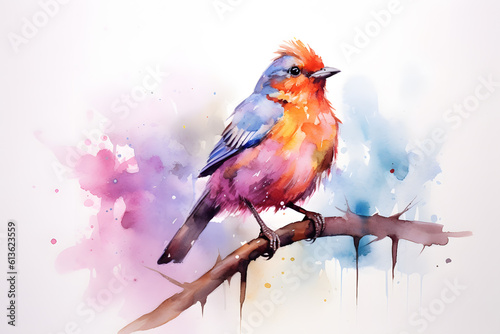 Colorful bird perching on a branch, watercolor style © Tangible Divinity