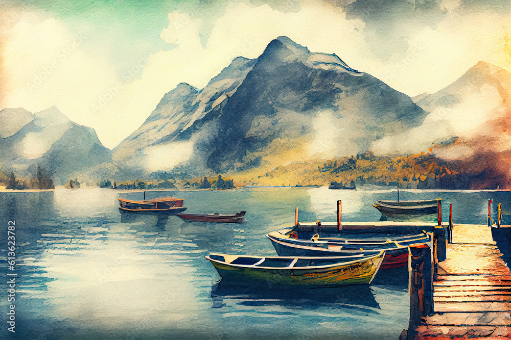 Digital watercolor painting of Panorama landscape rowing 