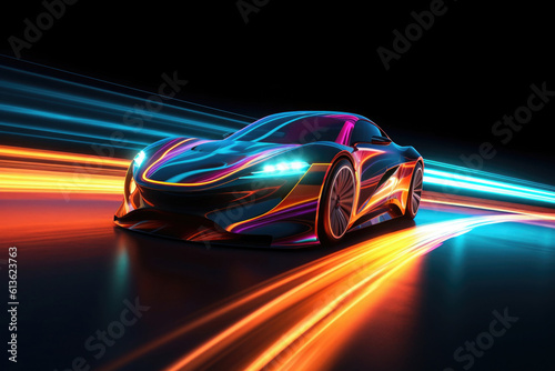 Car silhouette with motion blur effect. Futuristic sports car at night road with light effects. Supercar acceleration at night track with colored light trails. Created with Generative AI