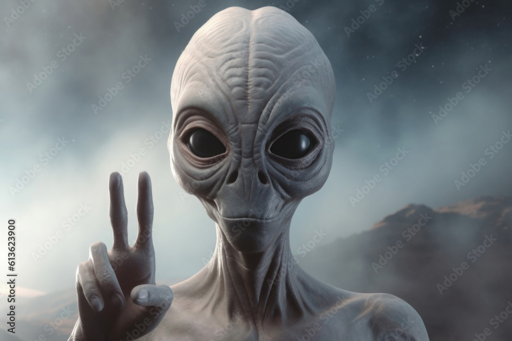 Alien humanoid portrait on dark background. Extraterrestrial humanoid shows peace gesture. Friendly alien. Created with Generative AI Alien humanoid portrait on dark background. Extraterrestrial humanoid shows peace gesture. Friendly alien. Created with Generative AI