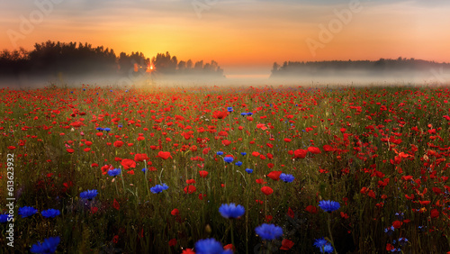A misty sunrise on a poppy field, Denmark