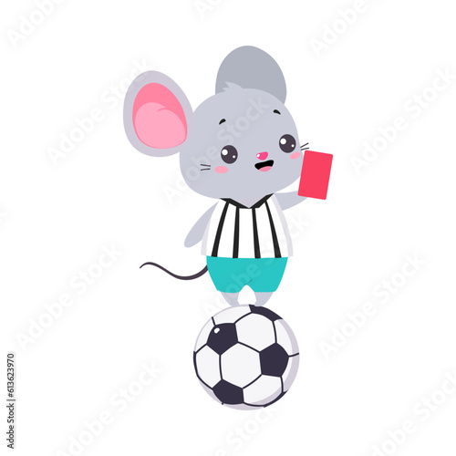 Funny Grey Mouse Animal Character Referee Showing Red Card Vector Illustration
