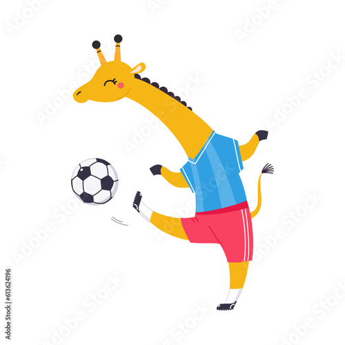 Funny Giraffe Animal Character Playing Football Wearing Uniform Passing Ball Vector Illustration
