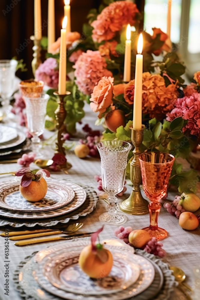 Romantic holiday tablescape, formal dinner table setting, table scape with pink country style decoration for wedding and event celebration, generative ai Romantic holiday tablescape, formal dinner table setting, table scape with pink country style decoration for wedding and event celebration, generative ai