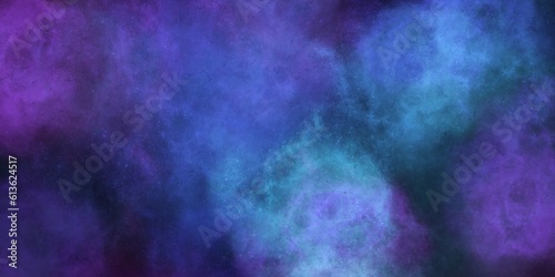Universe in foggy outer space. Dark blue with purple sparkling grunge background, paper texture. Gradient brush painting.