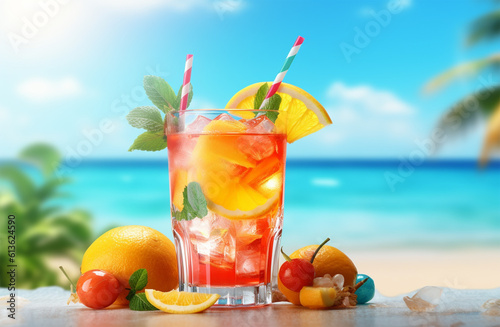Summer cocktail, refreshing tropical drink, beach background