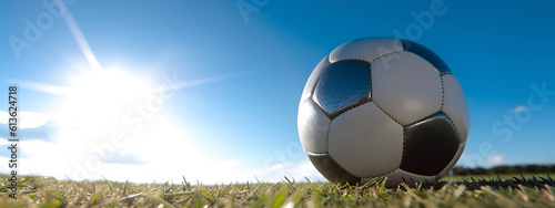 Football ball on the grass  sun rays  blue sky background. Football match. Banner. AI generated