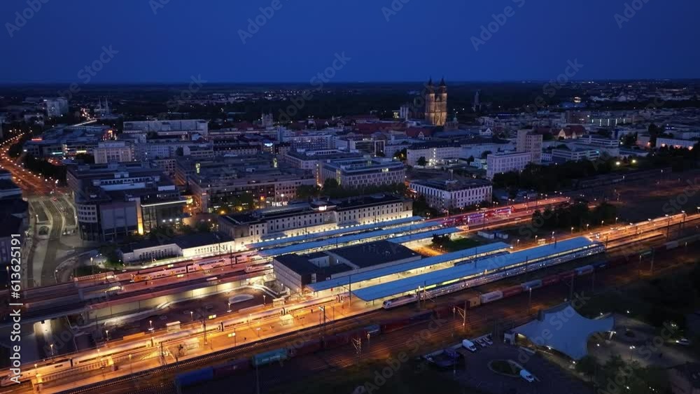 Drone shot of Magdeburg Central Railway Station (Magdeburg Hauptbahnhof) , at sunset , Germany Drone shot of Magdeburg Central Railway Station (Magdeburg Hauptbahnhof) , at sunset , Germany