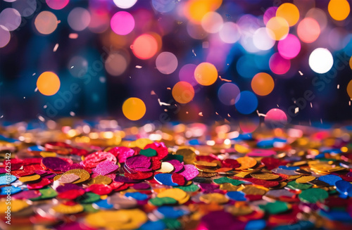 Colorful confetti in front of colorful background with bokeh for carnival