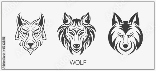 Abstract luxury wolf head vector monogram logo design template. Wolf vector logotype set.