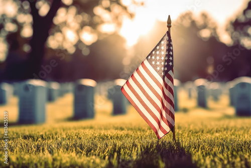 US Flag at Military Cemetery on Veterans Day or Memorial Day. Generative AI.