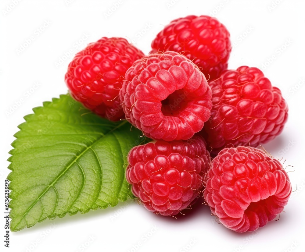 Raspberry with leaves. Raspberry isolated on white background. created with Generative AI technology. Raspberry with leaves. Raspberry isolated on white background. created with Generative AI technology.