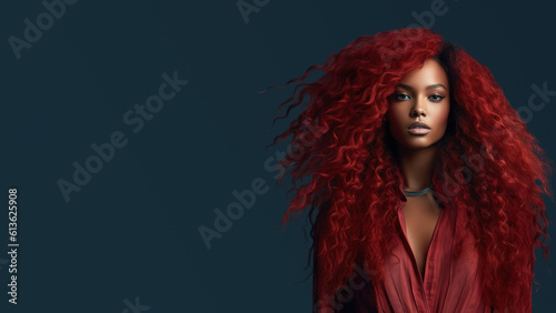 Black woman with long thick red curly hair with blank space for your advertisement