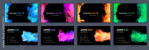 Big set of bright vertical colorful business card template with vector watercolor head silhouette on black background