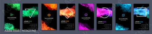 Big set of bright vertical colorful business card template with vector watercolor black background