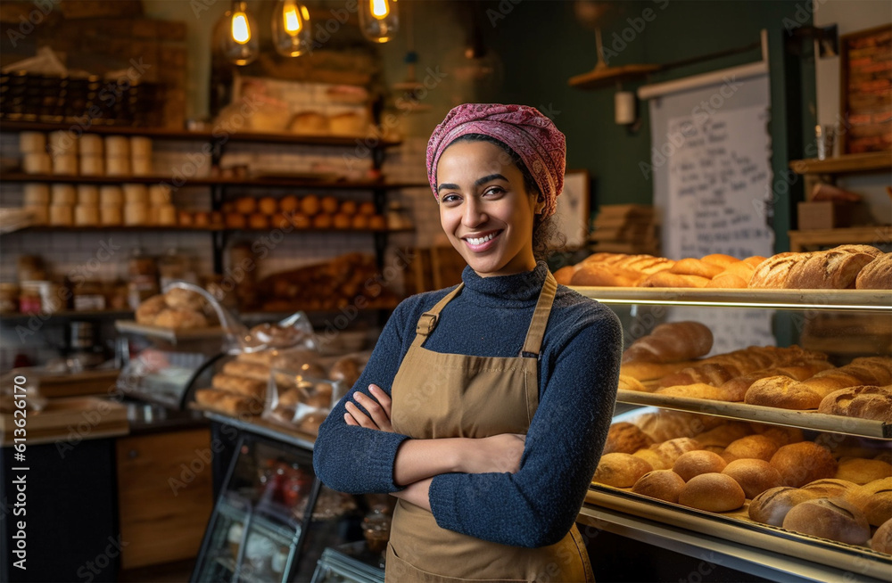 Candid shot of a proud and confident female small business owner of a neighborhood bakery with her baked good