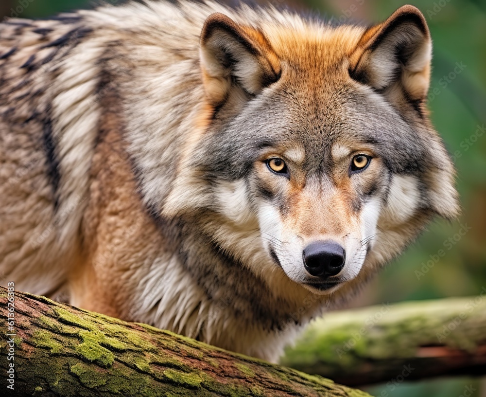 Portrait of a gray wolf angry in the forest