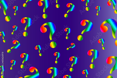Colorful question marks scattered randomly on a blue background
