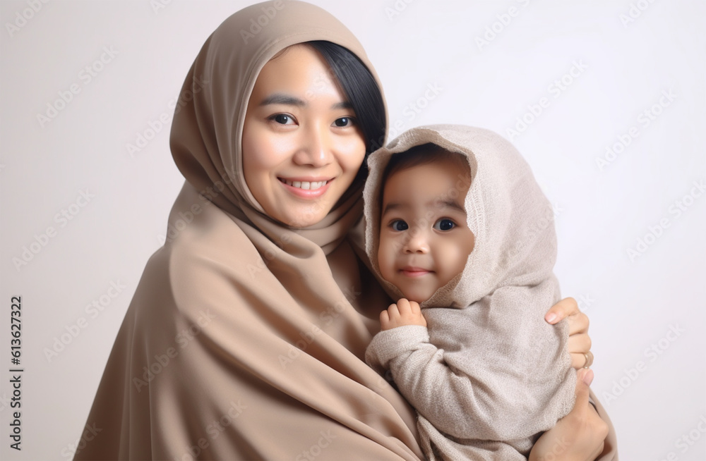 Asian family by mother Muslim wearing a hijab, dressed in a traditional religious cloth with cute child. Mommy little kid isolated on white background studio portrait. Mother's Day love family Asian family by mother Muslim wearing a hijab, dressed in a traditional religious cloth with cute child. Mommy little kid isolated on white background studio portrait. Mother's Day love family