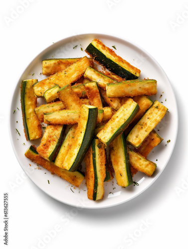 Zucchini sticks fries with crumbs, white background, ai generated