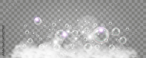 Air bubbles on a transparent background. Soap foam vector illustration.
