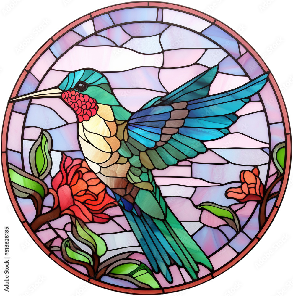 Round stained-glass illustration of a hummingbird in a stained-glass