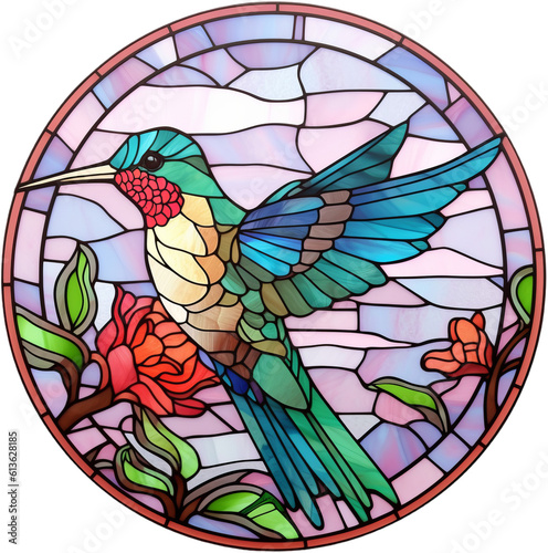 Round stained-glass illustration of a hummingbird in a stained-glass mosaic frame. AI-generated art.