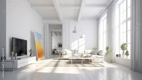 Interior of modern white apartment panorama 3d render. Generative Ai