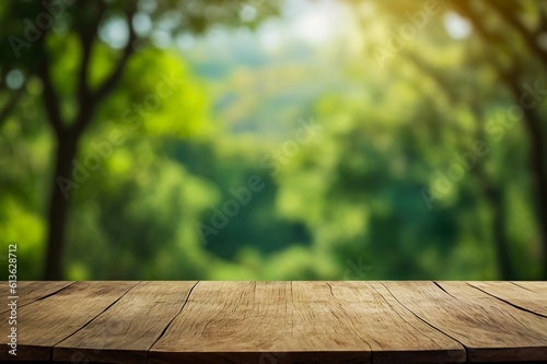Empty old wooden table background with forest behind, for advertising and product 1, Generative AI