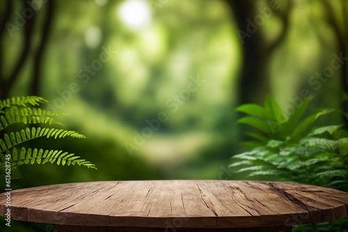 Empty old wooden table background with forest behind  for advertising and product 5  Generative AI