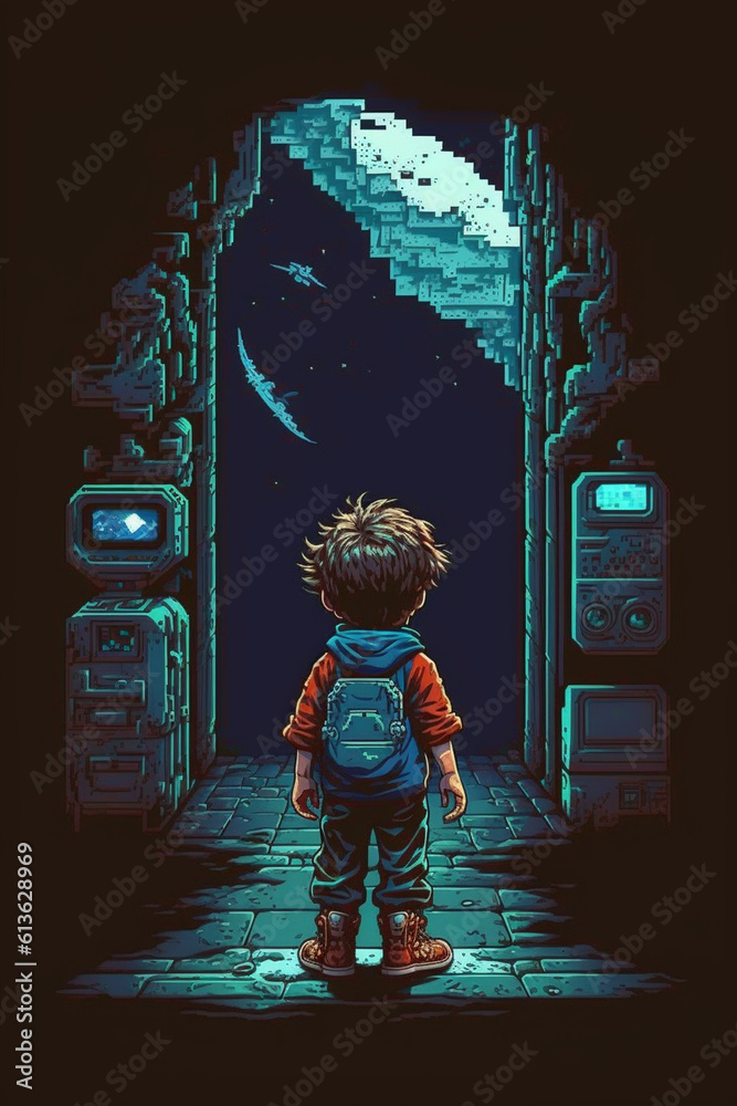 Pixel art child longs for adventure retro game scenery. Generative ai ...