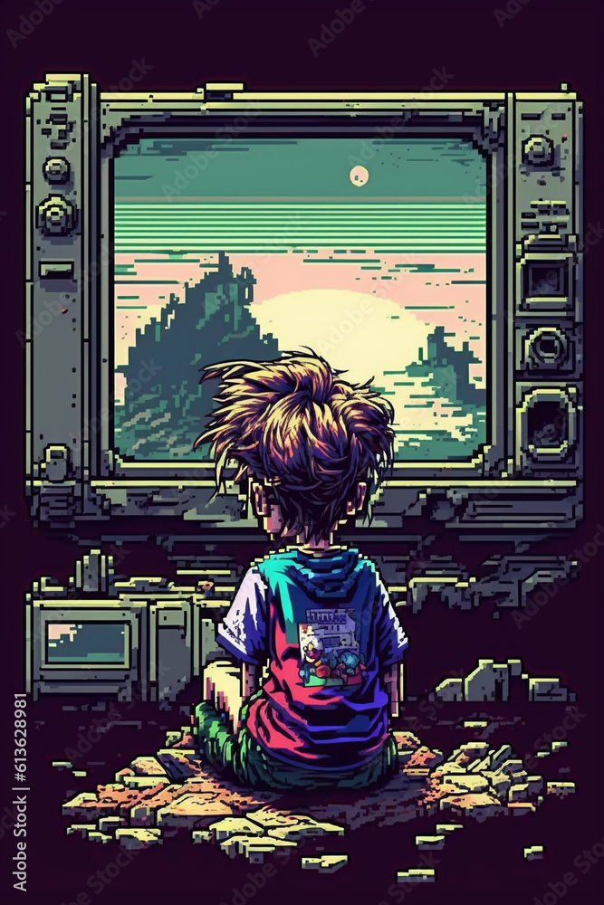 Pixel art child longs for adventure retro game scenery. Generative ai ...