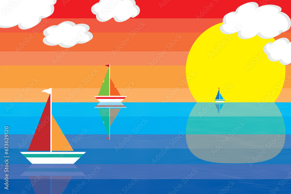 Three boat on the sea with big sun and clouds on multicolored background.