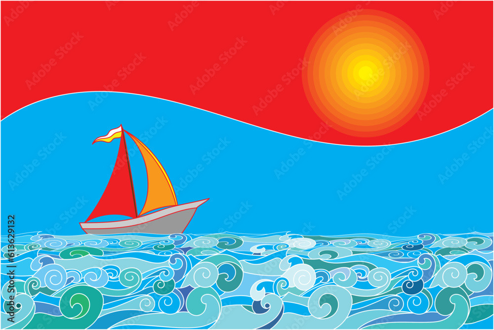 Illustration seascape, Abstract boat on the sea with big sun on red and blue background. Illustration seascape, Abstract boat on the sea with big sun on red and blue background.