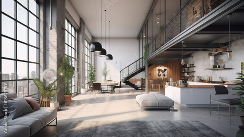 Modern loft apartment interior panorama 3d render. Generative Ai