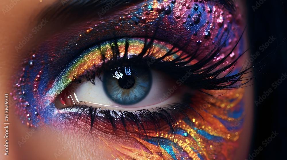 Blue eye with colorful festival makeup and face paint Blue eye with colorful festival makeup and face paint