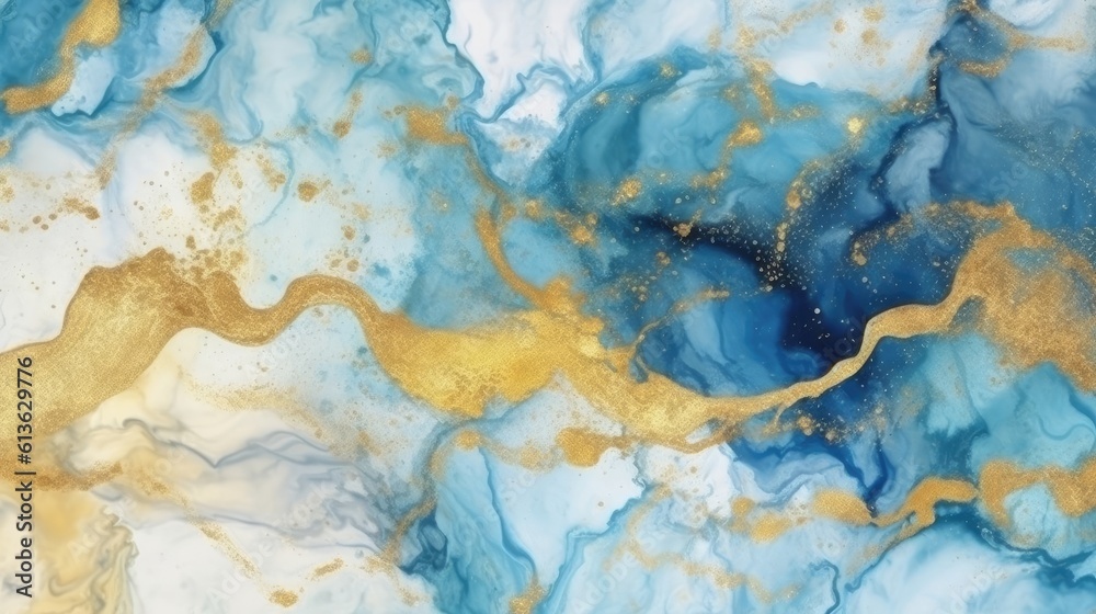 Generative AI produces abstract blue and gold marble texture. (Illustration, Generative AI)