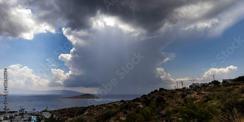 Top View of Open Sea, Island, Rain Cloud and Sunbeams, Panorama Bodrum, Mugla.