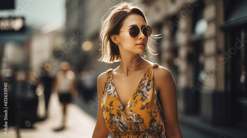Woman in summer dress walking in a city © Robert Kneschke