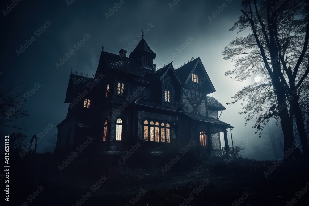 Old abandoned haunted house. Spooky Halloween house. Generative AI Old abandoned haunted house. Spooky Halloween house. Generative AI